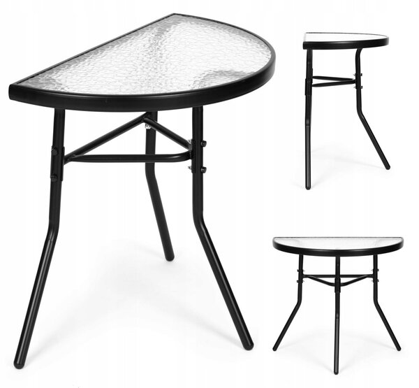 MultiGarden SC-090 Půlkruhový skleněný zahradní stolek, 70 × 64 × 43 cm, černý