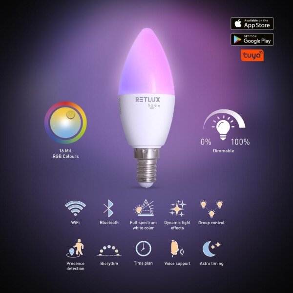 Retlux - LED RGBW Stmívatelná žárovka C37 E14/4,5W/230V 2700-6500K Wi-Fi Tuya