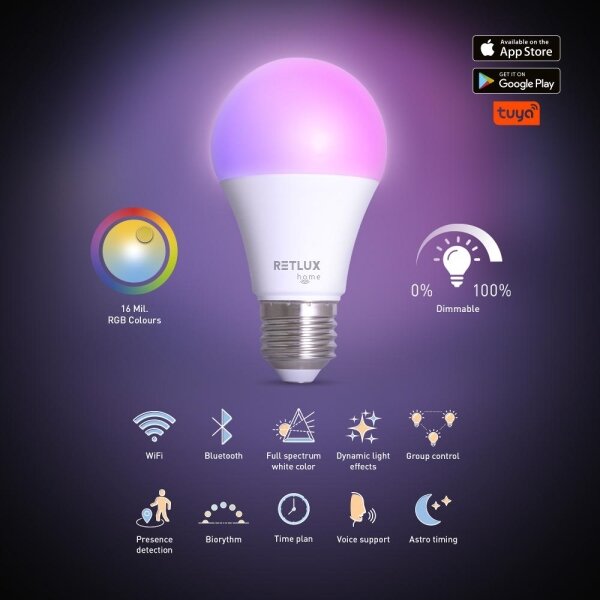 Retlux - LED RGBW Stmívatelná žárovka A60 E27/9W/230V 2700-6500K Wi-Fi Tuya