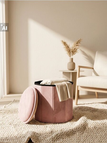 Sinsay - Sametový puf-stolek s úložným prostorem - pastelová růžová