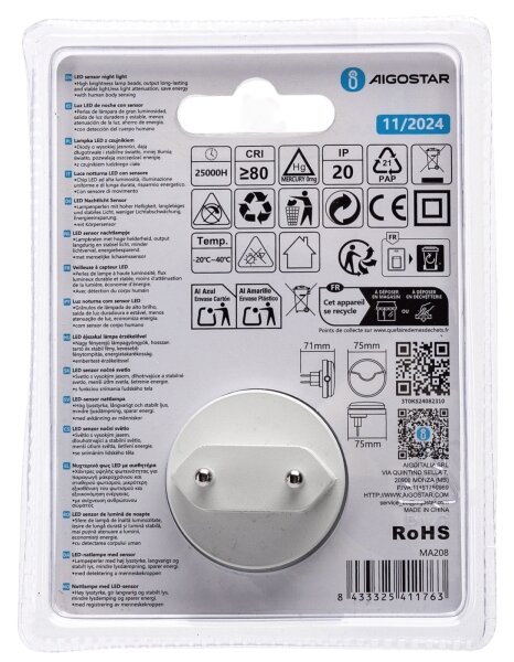 Aigostar - LED Noční světlo se senzorem LED/0,5W/230V 3000K