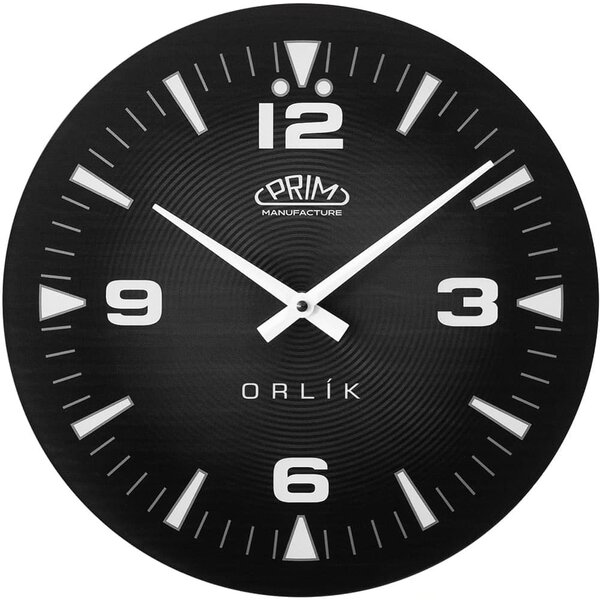 PRIM Moderní skleněné nástěnné hodiny inspirované Prim Orlík III - černé E09.5541.9090