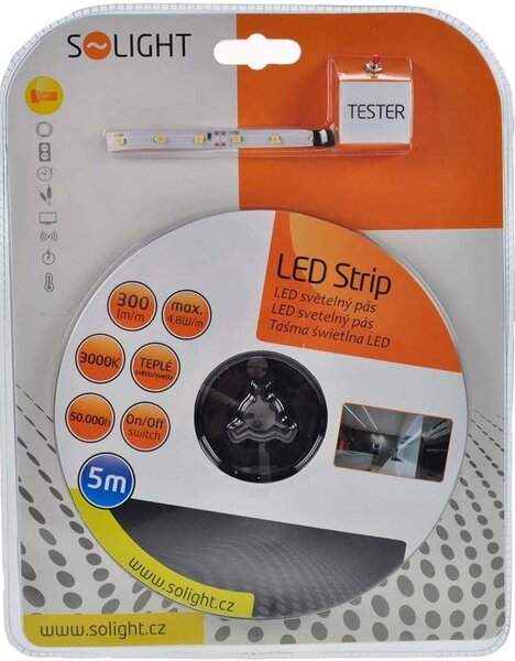 SOLIGHT LED pásek s testrem, 5m, sada s 12V adaptérem, 4,8W/m, IP20, 3000K teplá bílá