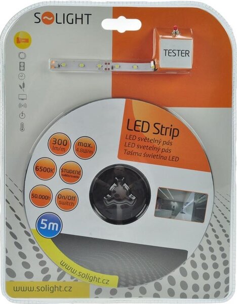 SOLIGHT LED pásek s testrem, 5m, sada s 12V adaptérem, 4.8W/m, IP20, 6500K denní bílá