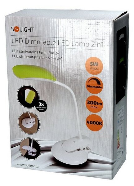 SOLIGHT LED stolní lampička stmívatelná 5W/4000K/300Lm bílá s klipem