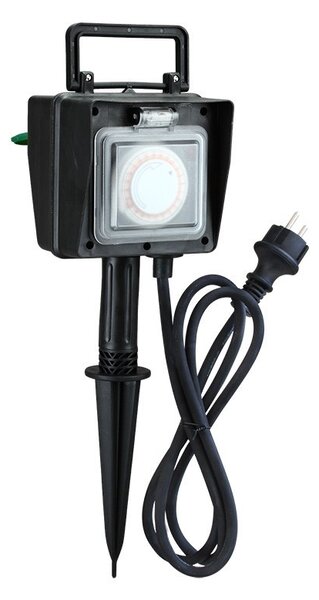 SOLIGHT Zahradní sloupek IP44, 2 zásuvky + časový spínač, gumový kabel 1,5m