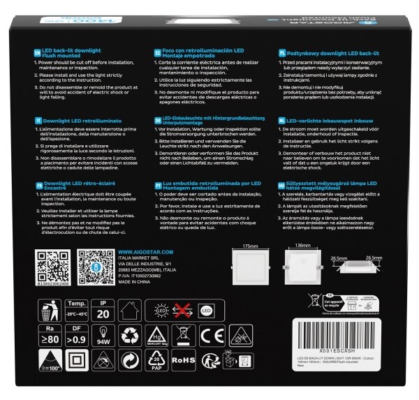 Aigostar - LED Podhledové svítidlo LED/12W/230V 6500K 17,5x17,5 cm bílá