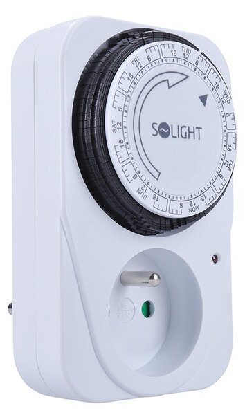 SOLIGHT Mechanický týdenní časový spínač 230V/16A, 1 zásuvka, bílý