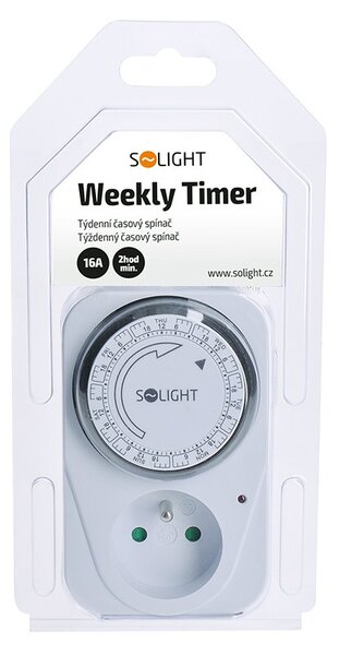 SOLIGHT Mechanický týdenní časový spínač 230V/16A, 1 zásuvka, bílý