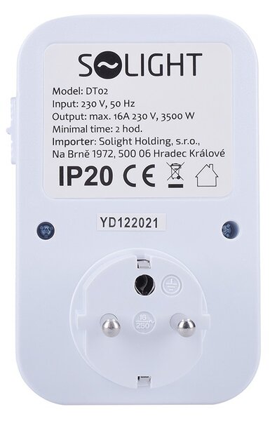 SOLIGHT Mechanický týdenní časový spínač 230V/16A, 1 zásuvka, bílý