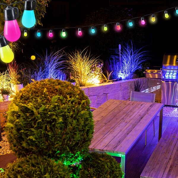 SOLIGHT LED smart párty řetěz 10W, RGB, bluetooth, 15 žárovek, 14m+6m, IP44