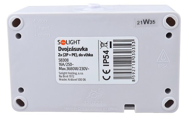 SOLIGHT Dvojzásuvka do vlhka max. 3680W, IP54, šedá
