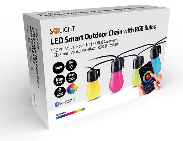 SOLIGHT LED smart párty řetěz 10W, RGB, bluetooth, 15 žárovek, 14m+6m, IP44