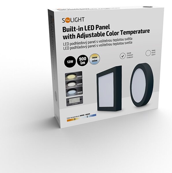 SOLIGHT LED mini panel CCT, přisazený, 12W, 900lm, 3000K, 4000K, 6000K, čtvercový černý