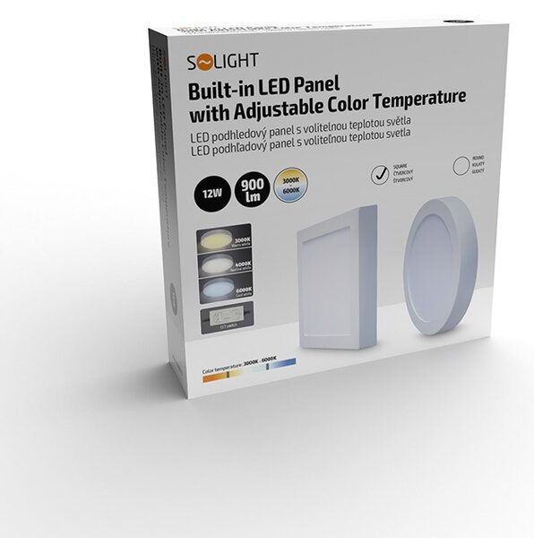 SOLIGHT LED mini panel CCT, přisazený, 12W, 900lm, 3000K, 4000K, 6000K, čtvercový bílý