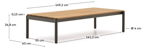Dřevěný zahradní konferenční stolek Kave Home Sorells 149,2 x 63 cm se zelenou podnoží