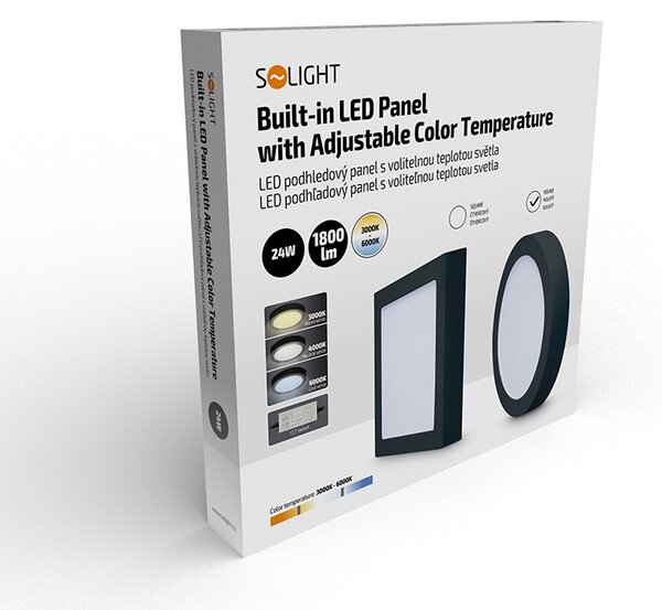 SOLIGHT LED mini panel CCT, přisazený, 24W, 1800lm, 3000K, 4000K, 6000K, kulatý černý