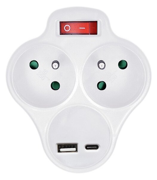 SOLIGHT Zásuvka rozbočovací s USB A+C nabíječkou a vypínačem 2x 230V/10A, bílá