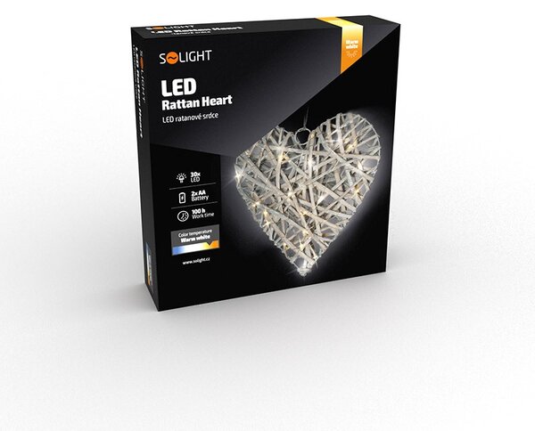 SOLIGHT LED ratanové srdce, 30x LED, 2x AA, 30cm