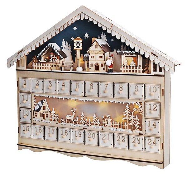 SOLIGHT LED adventní kalendář Horská chata, 10x LED, 50x40cm, 2x AA