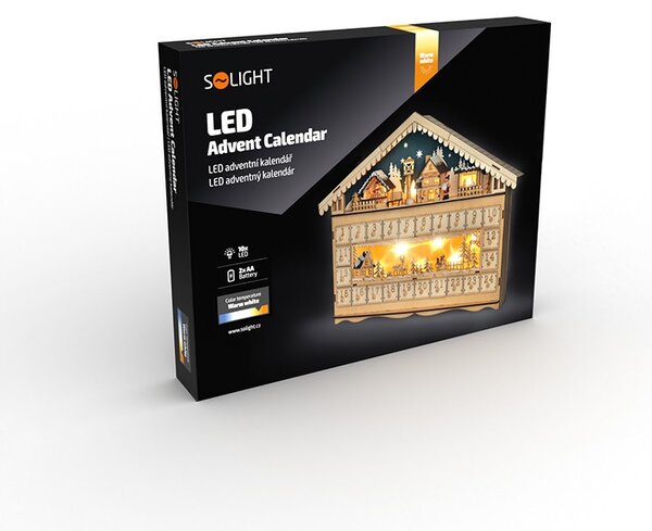 SOLIGHT LED adventní kalendář Horská chata, 10x LED, 50x40cm, 2x AA