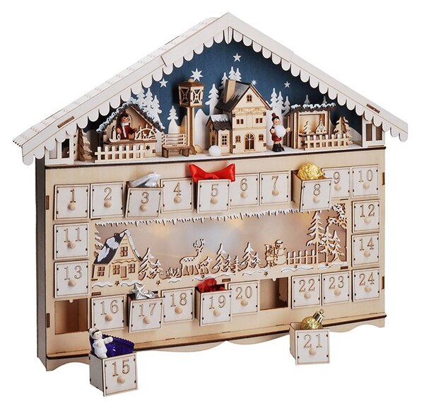 SOLIGHT LED adventní kalendář Horská chata, 10x LED, 50x40cm, 2x AA