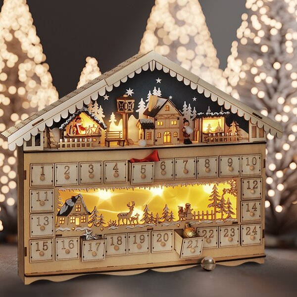 SOLIGHT LED adventní kalendář Horská chata, 10x LED, 50x40cm, 2x AA