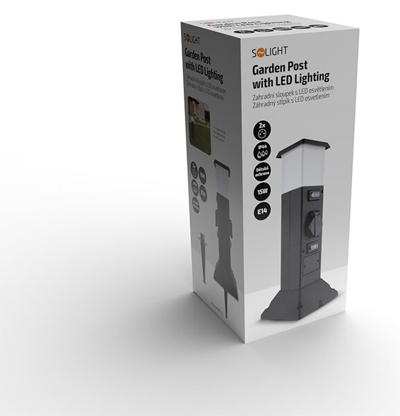 SOLIGHT Zahradní sloupek IP44 s LED osvětlením, 2 zásuvky, hranol, černý
