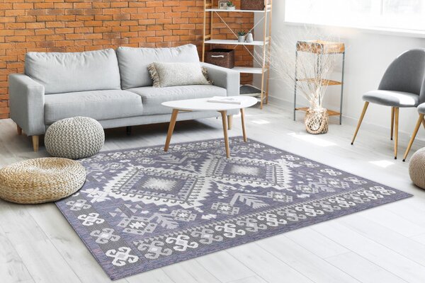 Dywany Łuszczów, Kusový koberec Sion Sisal Aztec 3007 blue/pink/ecru – na ven i na doma, 80x150, modrá, chodba / předsíň