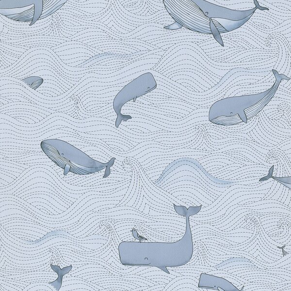 Modrá dětská vliesová tapeta s velrybami 220732 rozměry 0,53 x 10 m