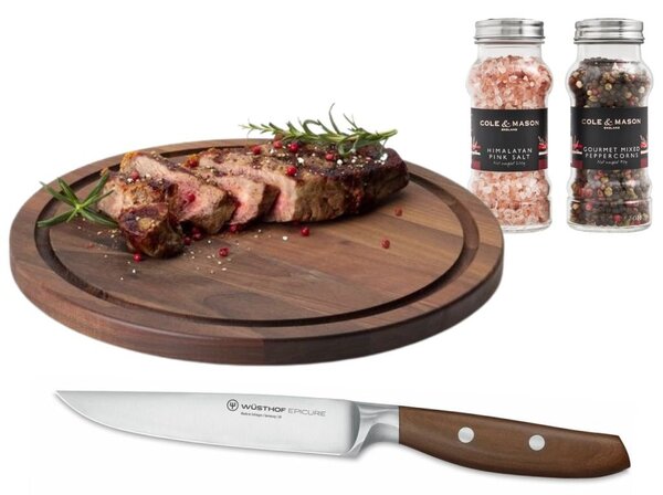 Wüsthof Sada na steaky s nožem Epicure, kulatým prkénkem a kořením 401SET17