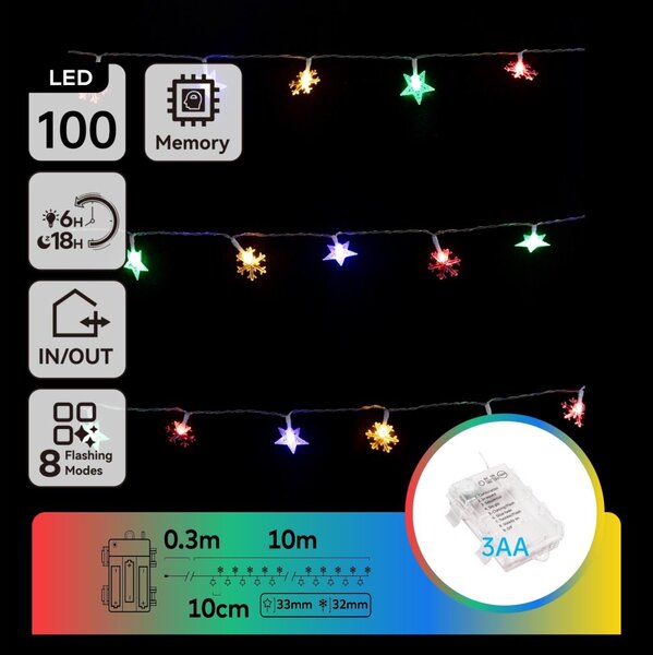 Aigostar - LED RGBY Venkovní vánoční řetěz 100xLED/8 funkcí 3xAA 10m IP44 hvězdy