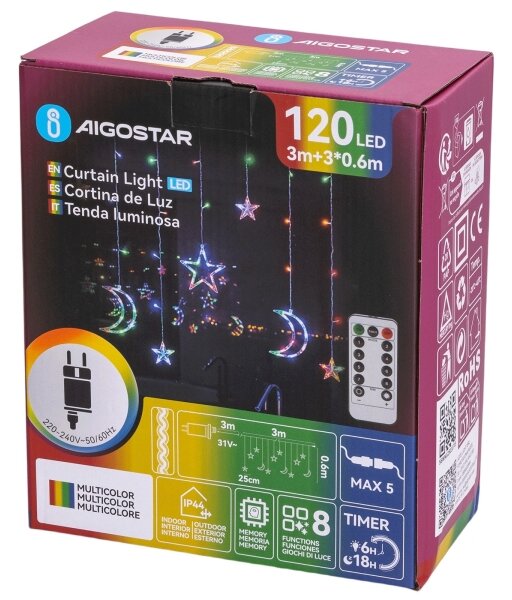 Aigostar - LED RGBY Ven. ván. řetěz 120xLED/6W/230V/8 funkcí 3x0,6m IP44 + DO