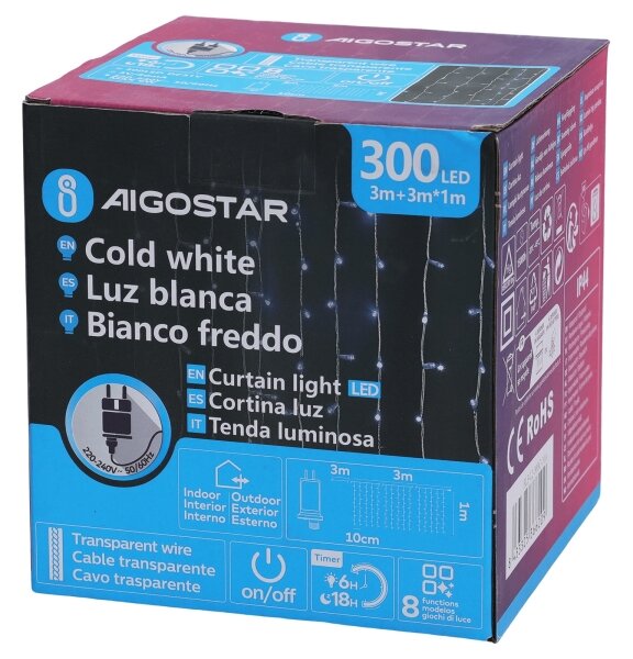 Aigostar - LED Ven. ván. řetěz 300xLED/6W/230V/8 funkcí 3x1m IP44 stud bílá+DO