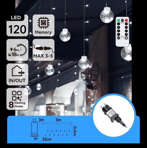 Aigostar - LED Ven. ván. řetěz 120xLED/6W/230V/8 funkcí 3x0,6m IP44 stud bílá+DO