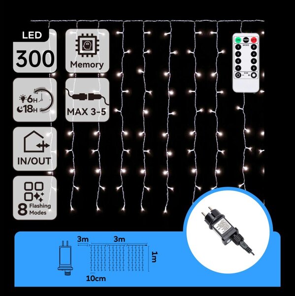 Aigostar - LED Ven. ván. řetěz 300xLED/6W/230V/8 funkcí 3x1m IP44 stud bílá+DO