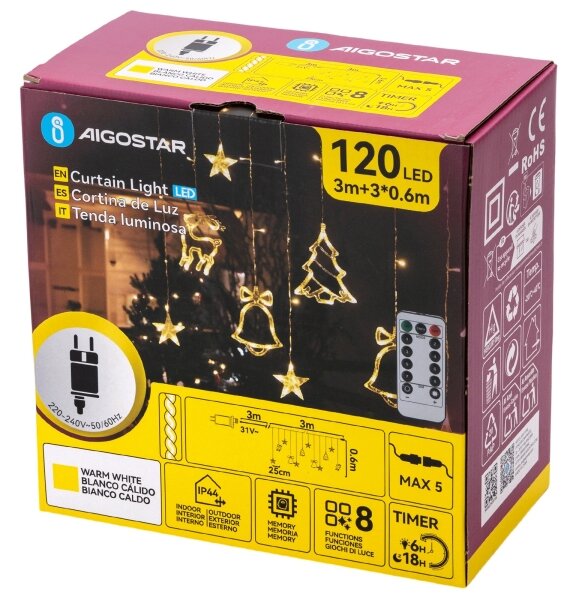 Aigostar - LED Ven. ván. řetěz 120xLED/6W/230V/8 funkcí 3x0,6m IP44 tep bílá+DO