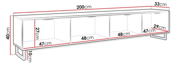 Široký TV stolek na nožkách OVERTON - 200 cm, černý grafit