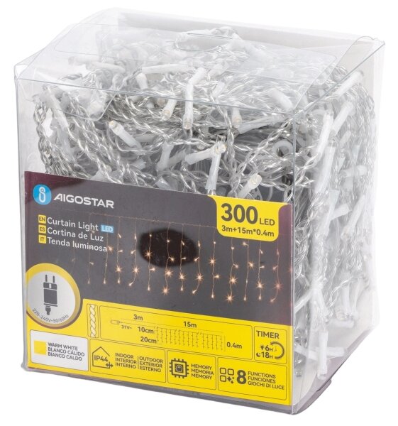 Aigostar - LED Ven. ván. řetěz 300xLED/6W/230V/8 funkcí 15x0,4m IP44 teplá bílá