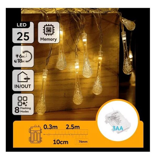 Aigostar - LED Ven. ván. řetěz 25xLED/8 funkcí 3xAA 2,5m IP44 teplá bílá kapky