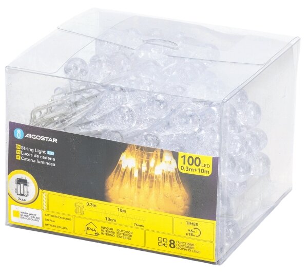 Aigostar - LED Ven. ván. řetěz 100xLED/8 funkcí 3xAA 10m IP44 teplá bílá kapky