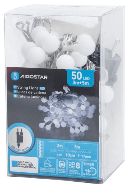 Aigostar - LED Ven. dekorační řetěz 50xLED/3,6W/230V/8 funkcí 5m IP44 stud bílá
