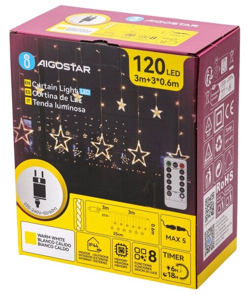 Aigostar - LED Ven. ván. řetěz 120xLED/6W/230V/8 funkcí 3x0,6m IP44 tep bílá+DO