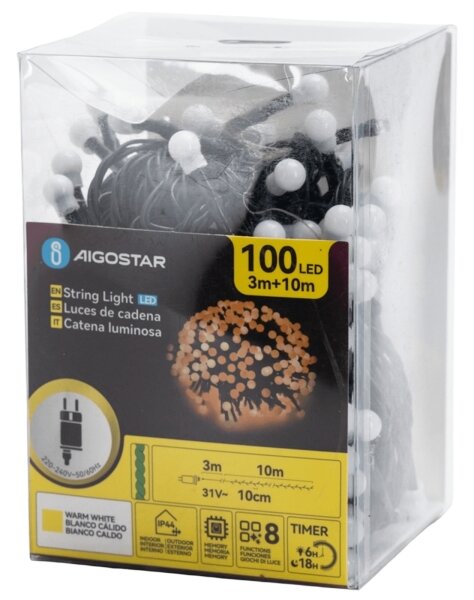 Aigostar - LED Ven. dekorační řetěz 100xLED/3,6W/230V/8 funkcí 10m IP44 tep bílá