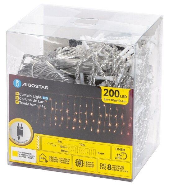 Aigostar - LED Ven. ván. řetěz 200xLED/3,6W/230V/8 funkcí 10x0,4m IP44 teplá