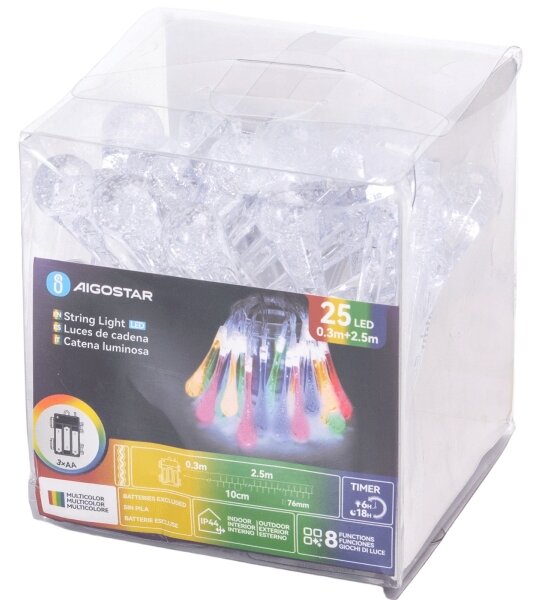 Aigostar - LED RGBY Venkovní řetěz 25xLED/8 funkcí 3xAA 2,5m IP44 kapky