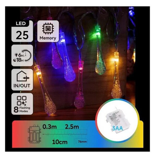 Aigostar - LED RGBY Venkovní řetěz 25xLED/8 funkcí 3xAA 2,5m IP44 kapky