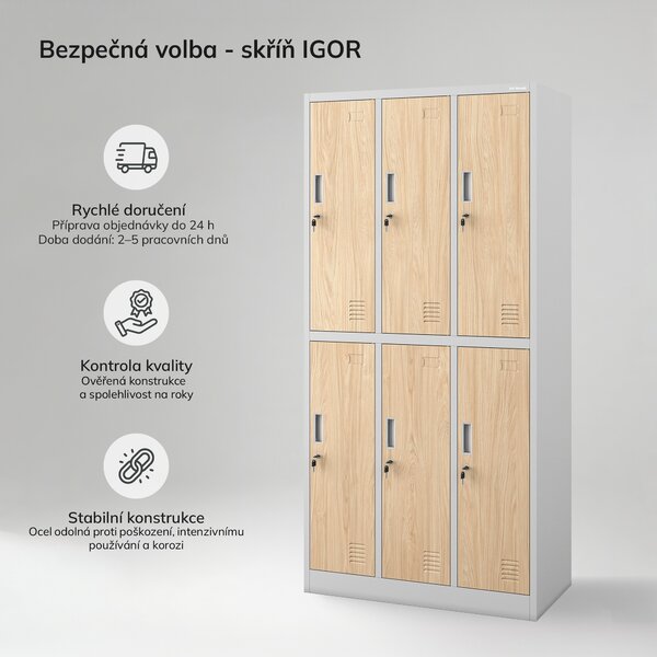 Šatní skříň BHP šedá / dub sonoma, 6dveřová: Eco Design IGOR, 900 x 1850 x 450 mm
