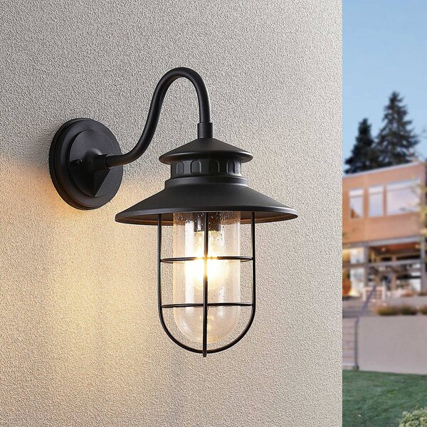 Lindby Venkovní nástěnné svítidlo Kyan, výška 40 cm, černé, IP44, E27, stmívatelný, Černá, kov, Starožitný, Lucerna