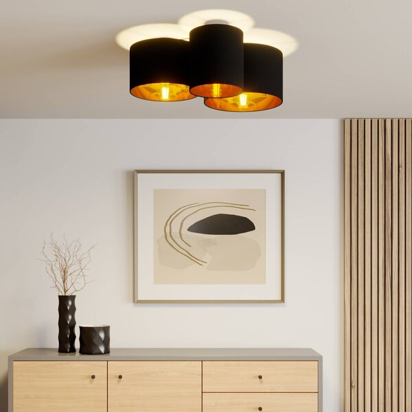 Lindby Stropní světlo Laurenz, 3-ramenné, černé/zlaté, textilní, stmívatelný, Černá, Obývací pokoj / jídelna, Textil / tkanina / hedvábí, Moderní